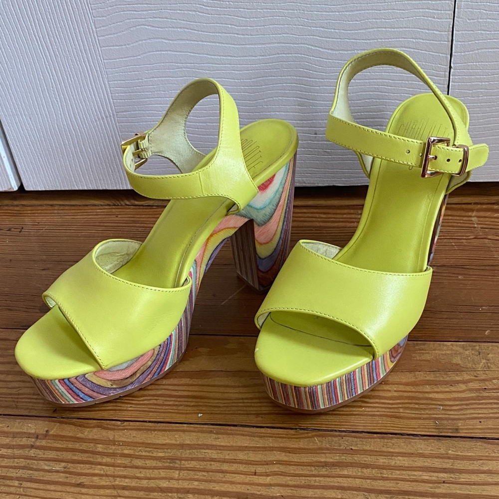Charlotte Stone Chartreuse and Rainbow Platform Sandals Size 8 EUC